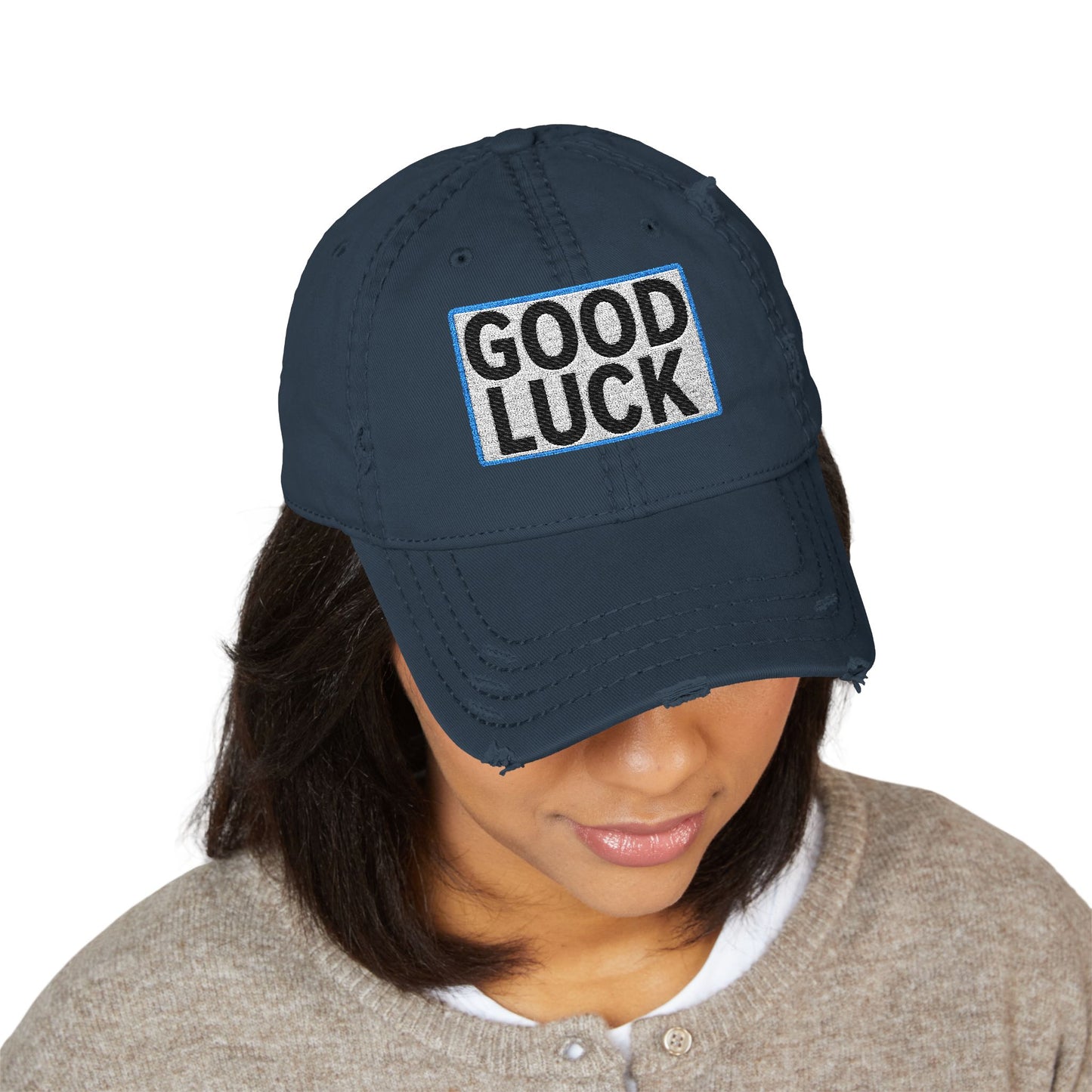 GOOD LUCK Embroidered Vintage Dad Hat | Distressed Baseball Cap | Washed Cotton Adjustable Cap