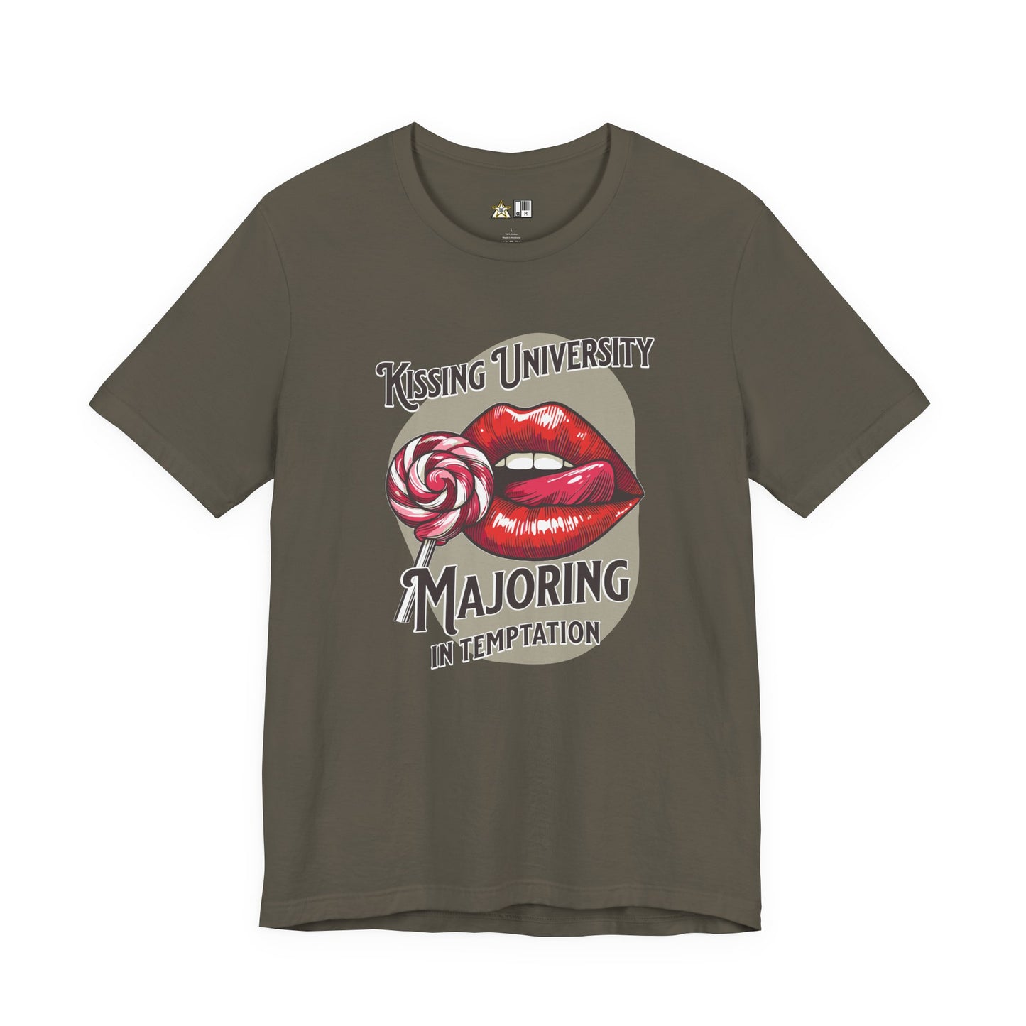“KISSING UNIVERSITY MAJORING IN TEMPTATION.” Provocative Lips Graphic T-Shirt