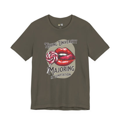 “KISSING UNIVERSITY MAJORING IN TEMPTATION.” Provocative Lips Graphic T-Shirt
