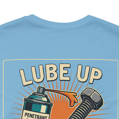 LUBE UP BEFORE SCREWING Graphic T-Shirt | Funny Mechanic Tee | Dirty Garage Humor Shirt | Vintage Automotive Tee
