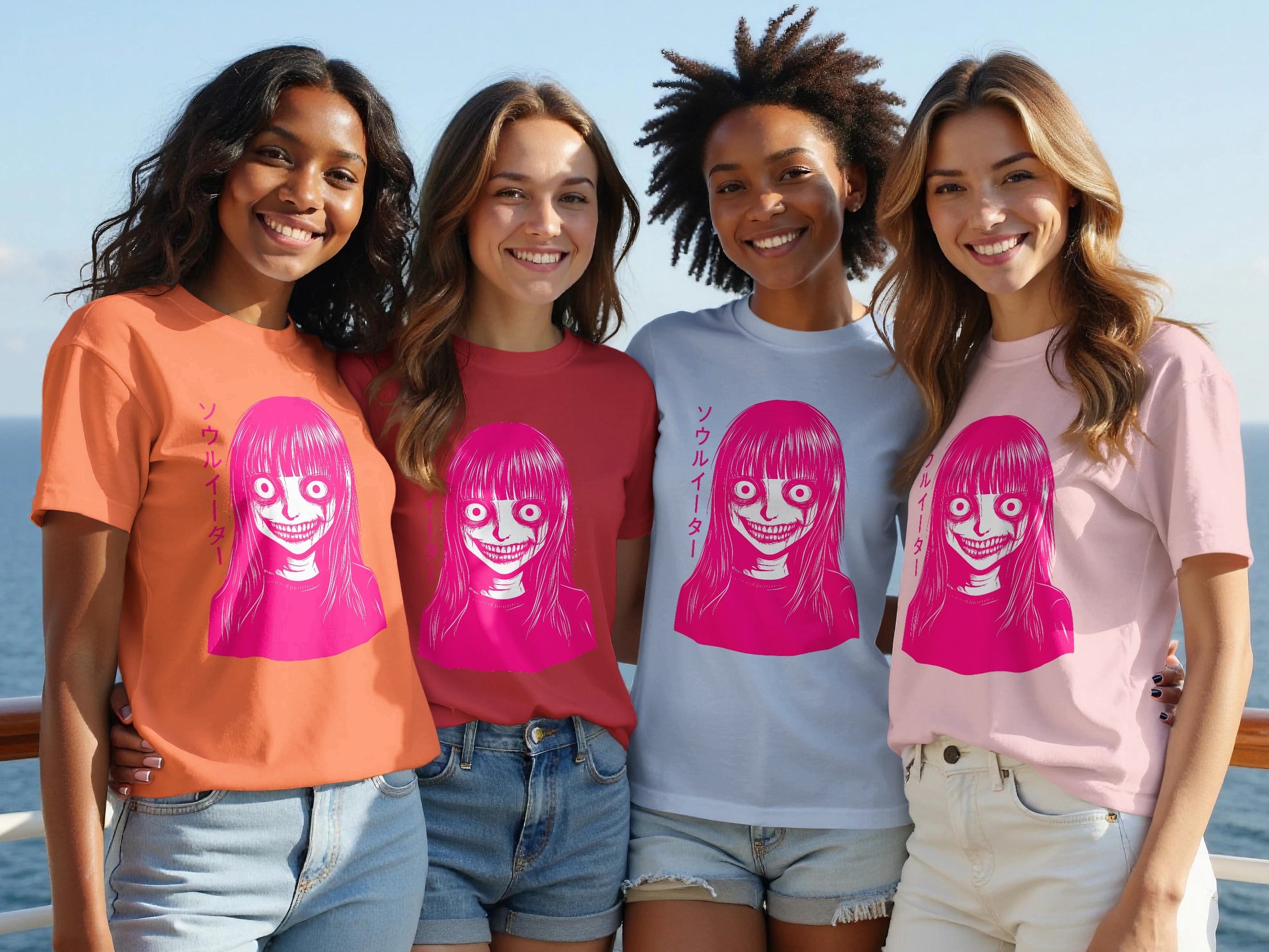 Anime Graphic Tee with Creepy Smiling Face Design