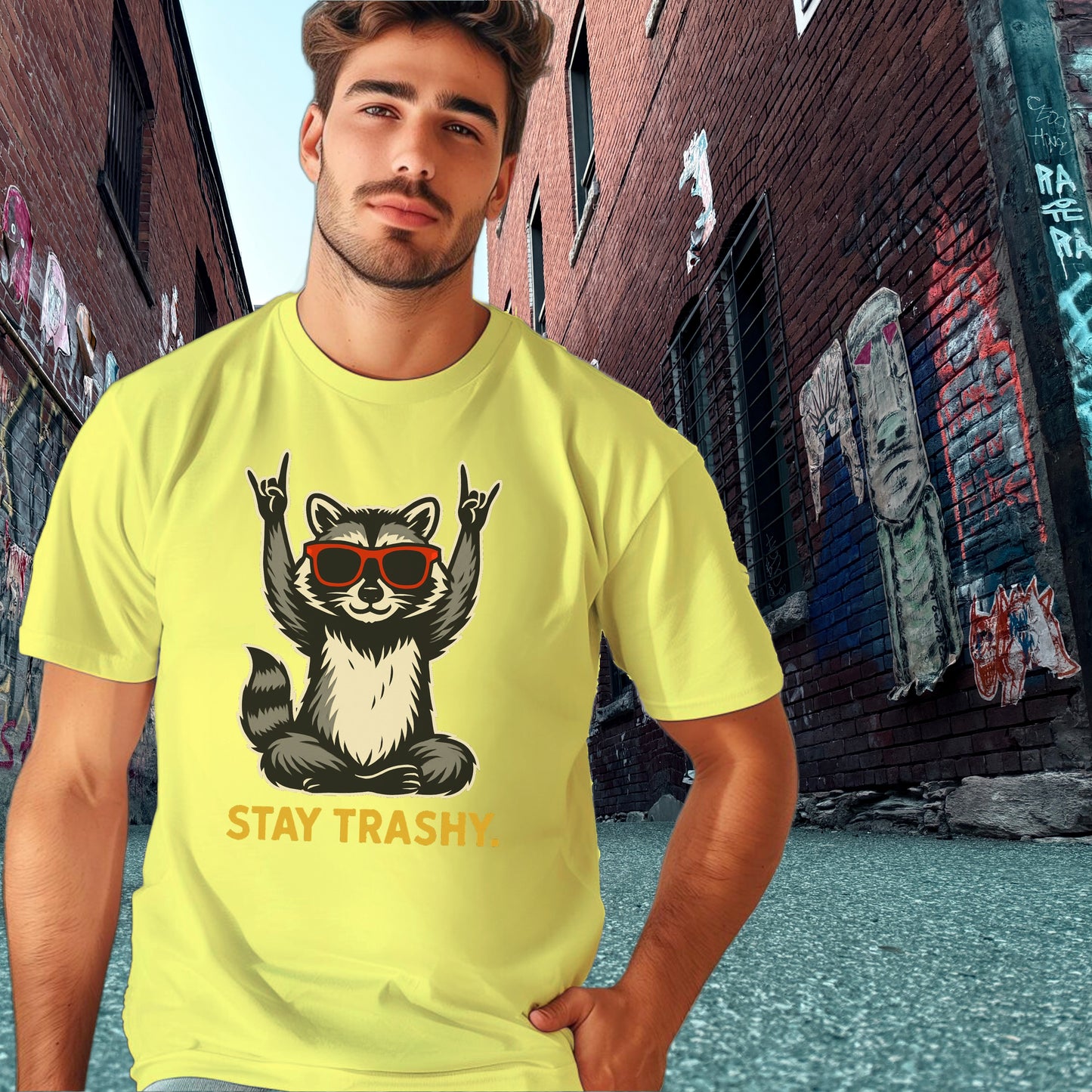 Stay Trashy Graphic Tee with Cool Raccoon Design