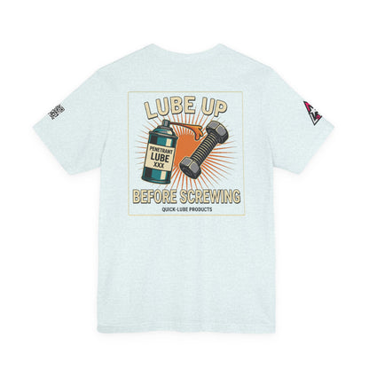 LUBE UP BEFORE SCREWING Graphic T-Shirt | Funny Mechanic Tee | Dirty Garage Humor Shirt | Vintage Automotive Tee