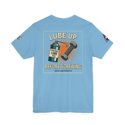 LUBE UP BEFORE SCREWING Graphic T-Shirt | Funny Mechanic Tee | Dirty Garage Humor Shirt | Vintage Automotive Tee