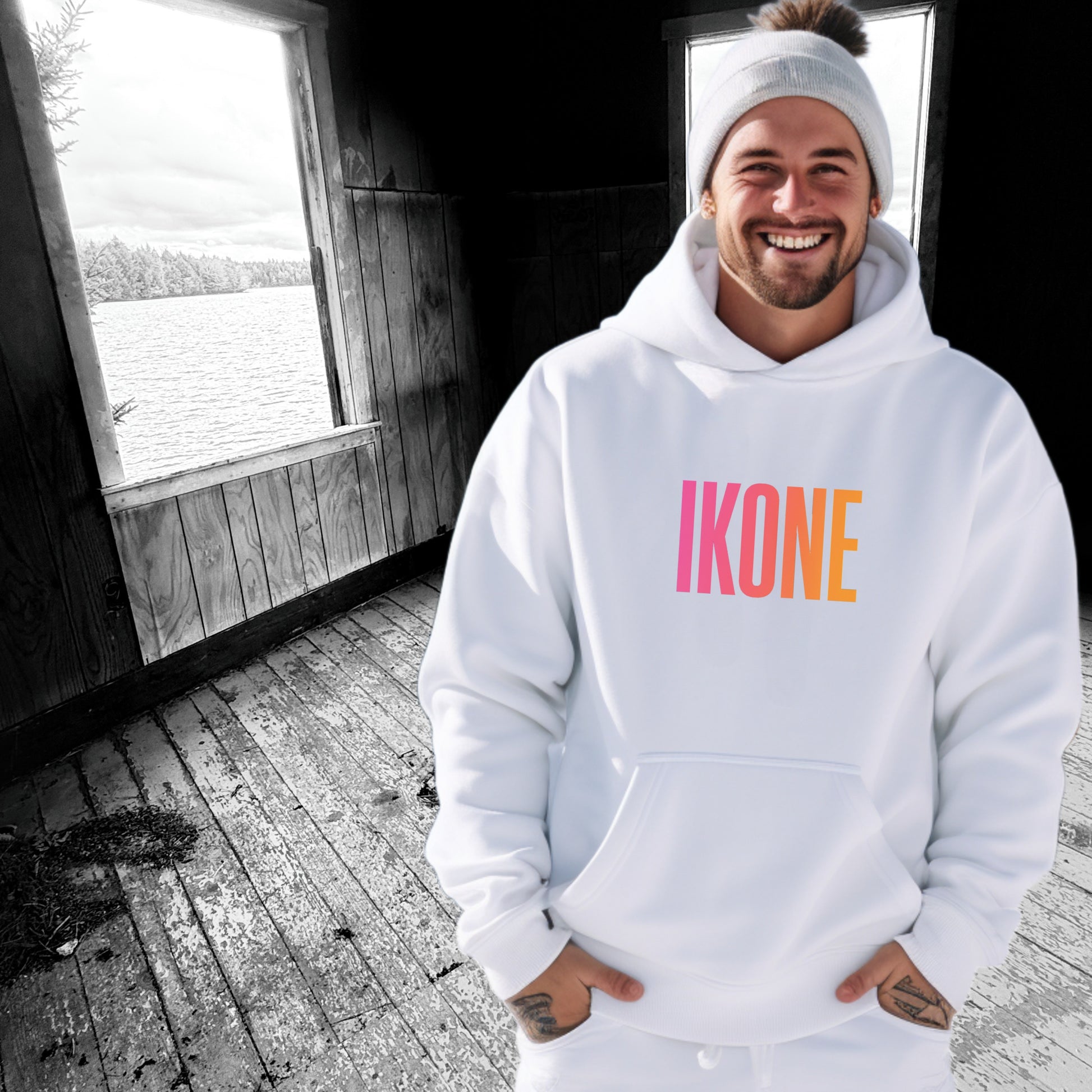 Stylish IKONE Hoodie with Bold Colorful Logo Design