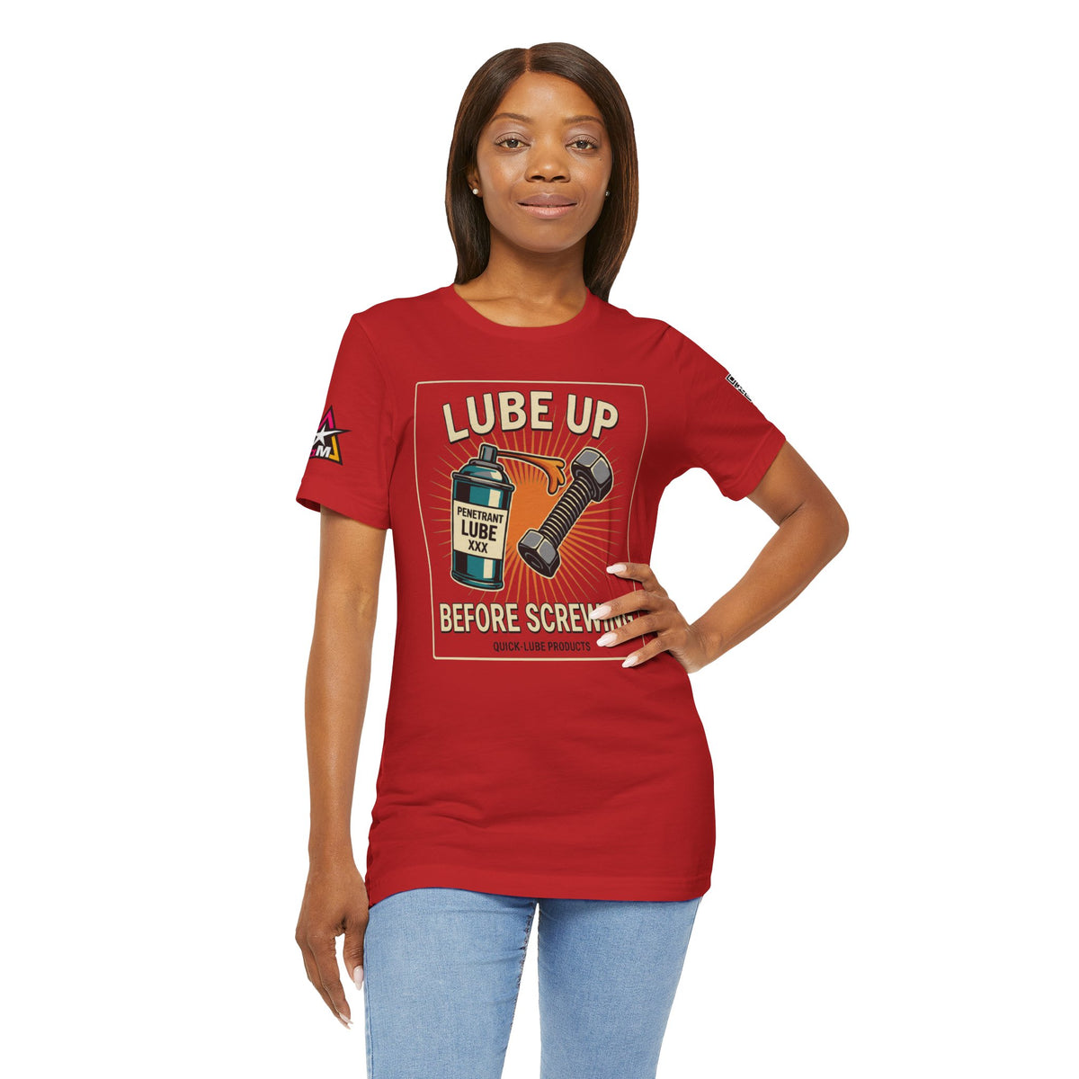 LUBE UP BEFORE SCREWING Graphic T-Shirt | Funny Mechanic Tee | Dirty Garage Humor Shirt | Vintage Automotive Tee