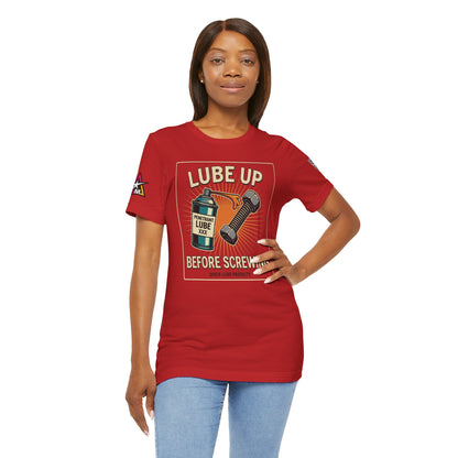 LUBE UP BEFORE SCREWING Graphic T-Shirt | Funny Mechanic Tee | Dirty Garage Humor Shirt | Vintage Automotive Tee