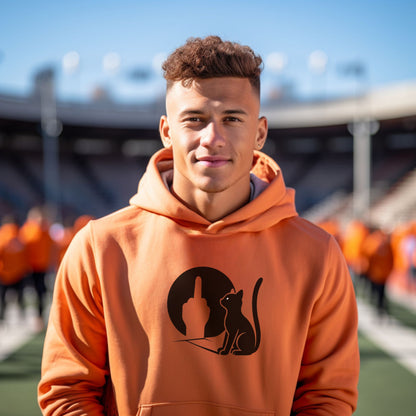 Orange Hoodie with Black Cat and Finger Graphic Design