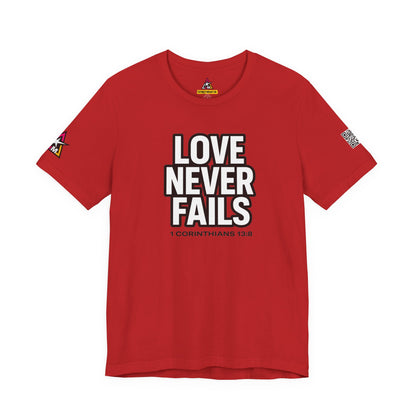 Love Never Fails Graphic T-Shirt | 1 Corinthians 13:8 Christian Tee | Faith & Love Streetwear