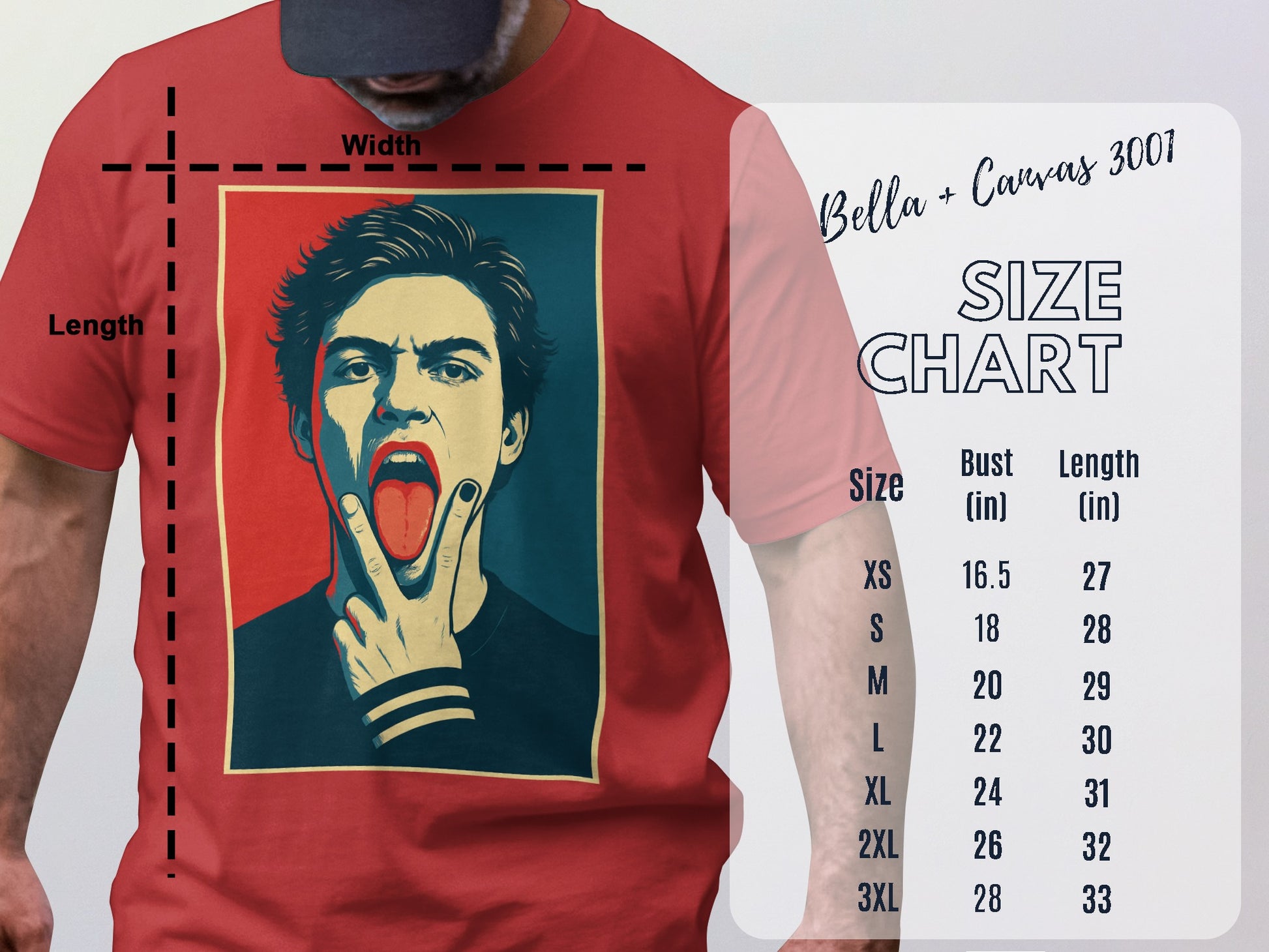 Red Shirt with Unique Print and Detailed Size Chart