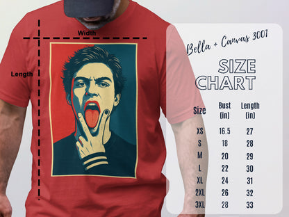 Red Shirt with Unique Print and Detailed Size Chart