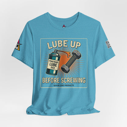 LUBE UP BEFORE SCREWING Graphic T-Shirt | Funny Mechanic Tee | Dirty Garage Humor Shirt | Vintage Automotive Tee