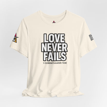 Love Never Fails Graphic T-Shirt | 1 Corinthians 13:8 Christian Tee | Faith & Love Streetwear