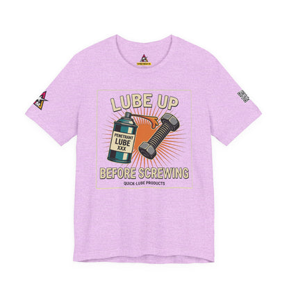 LUBE UP BEFORE SCREWING Graphic T-Shirt | Funny Mechanic Tee | Dirty Garage Humor Shirt | Vintage Automotive Tee