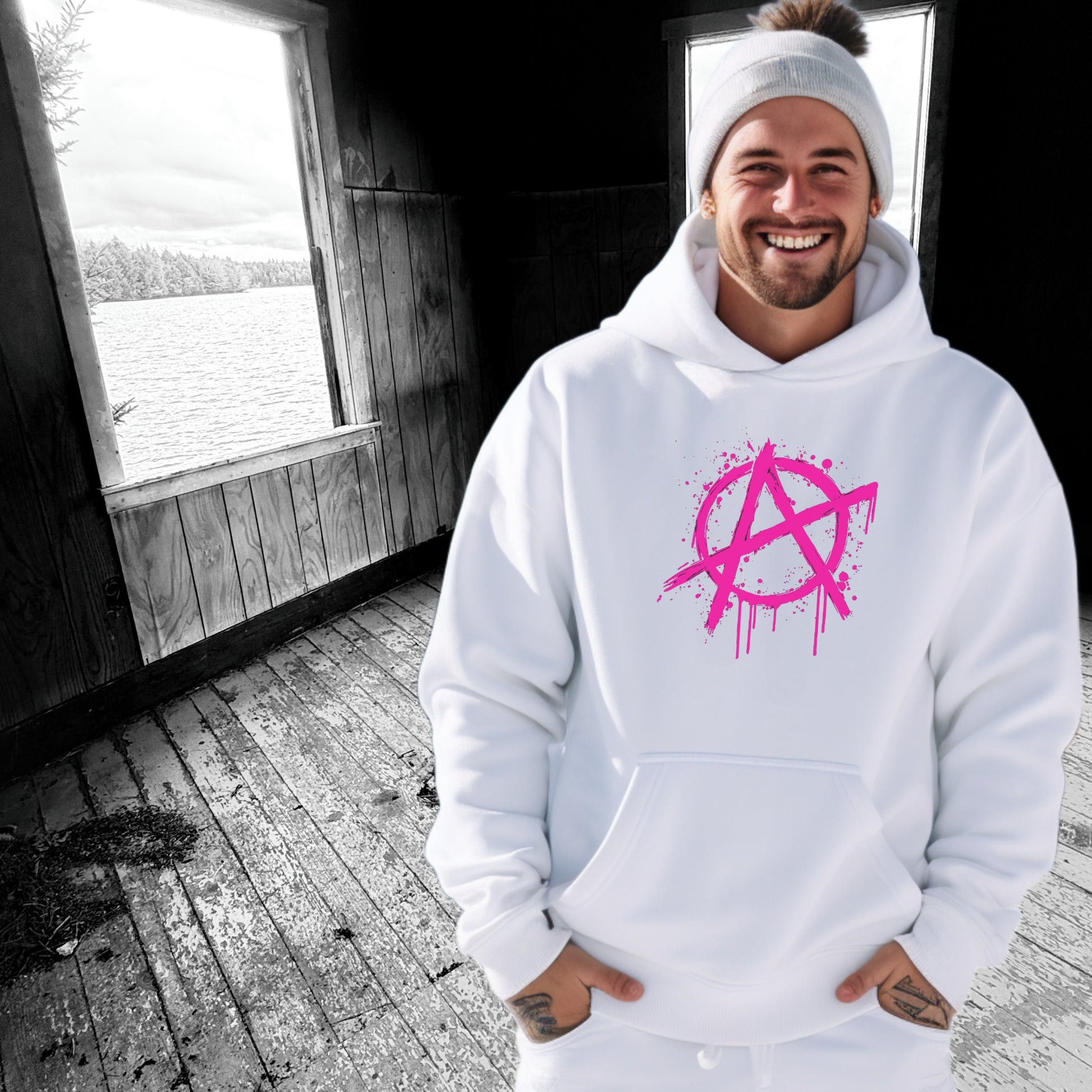 White Hoodie with Pink Anarchy Symbol Casual Wear