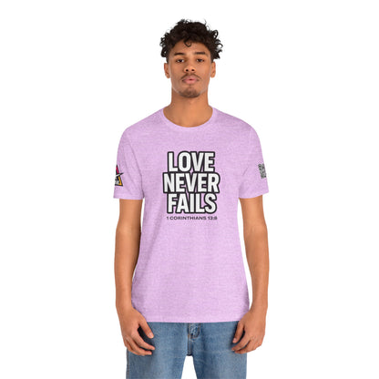 Love Never Fails Graphic T-Shirt | 1 Corinthians 13:8 Christian Tee | Faith & Love Streetwear