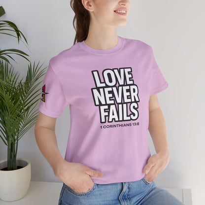 Love Never Fails Graphic T-Shirt | 1 Corinthians 13:8 Christian Tee | Faith & Love Streetwear
