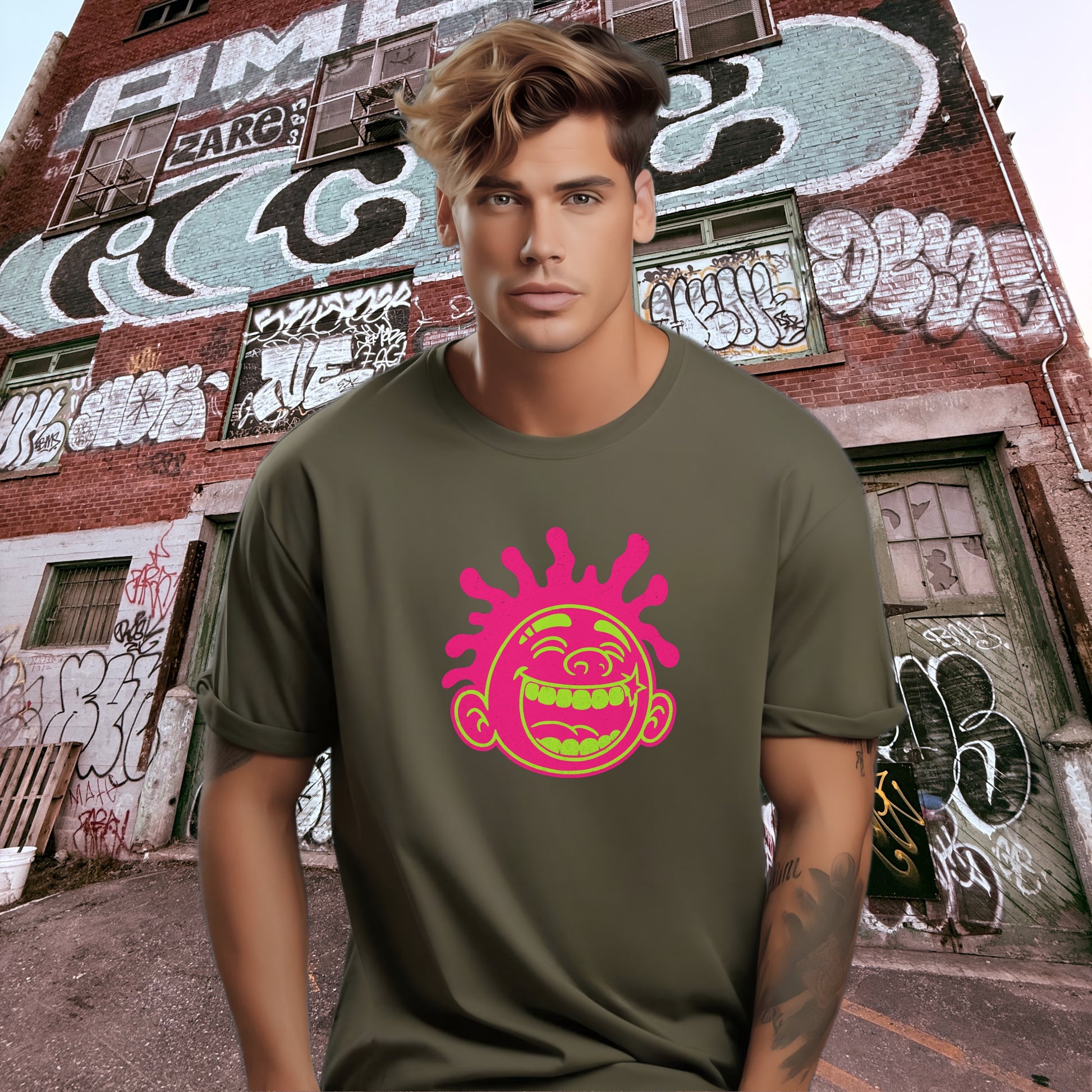 Graphic T-Shirt with Bold Neon Smiling Face Design
