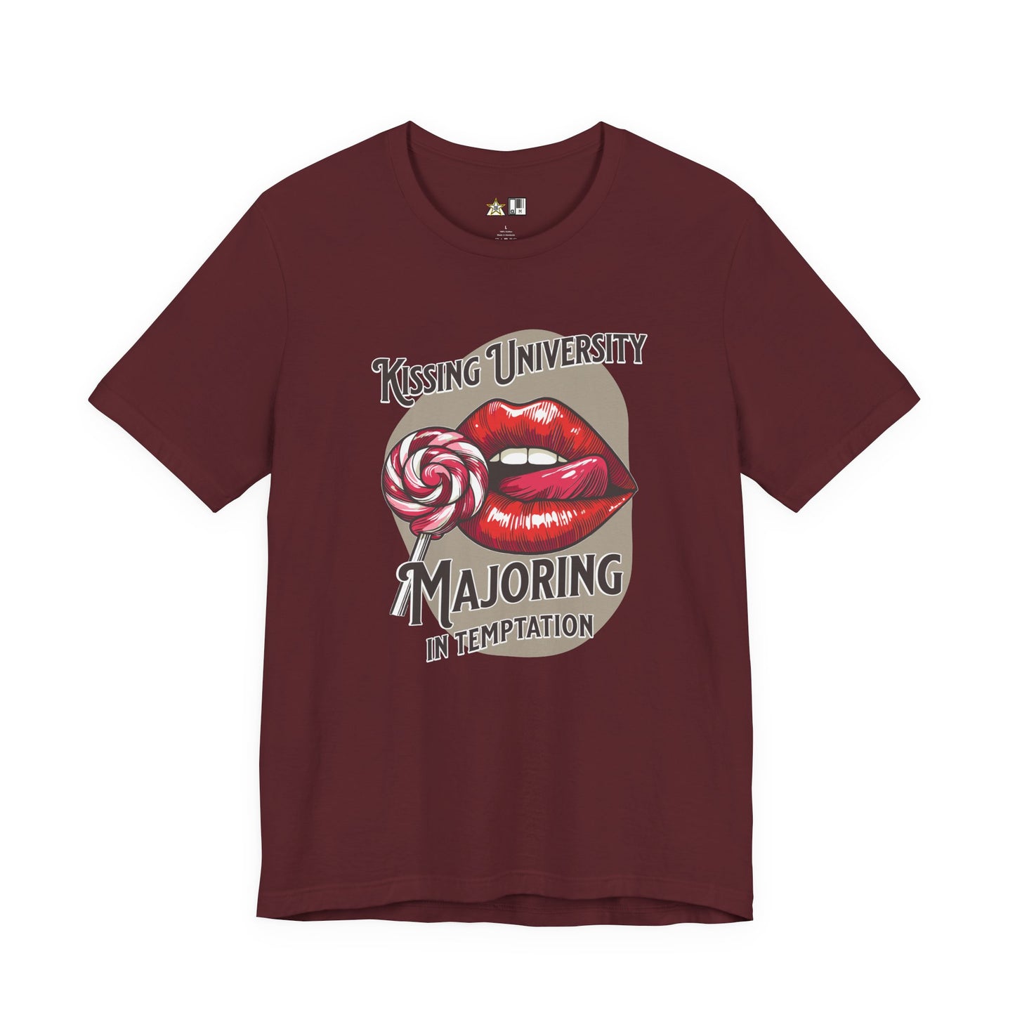 “KISSING UNIVERSITY MAJORING IN TEMPTATION.” Provocative Lips Graphic T-Shirt
