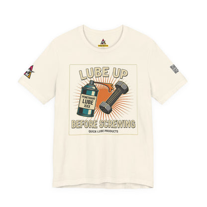 LUBE UP BEFORE SCREWING Graphic T-Shirt | Funny Mechanic Tee | Dirty Garage Humor Shirt | Vintage Automotive Tee