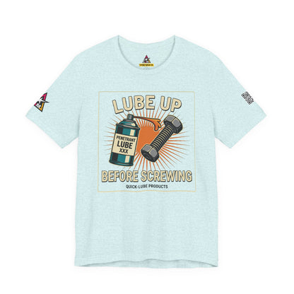 LUBE UP BEFORE SCREWING Graphic T-Shirt | Funny Mechanic Tee | Dirty Garage Humor Shirt | Vintage Automotive Tee