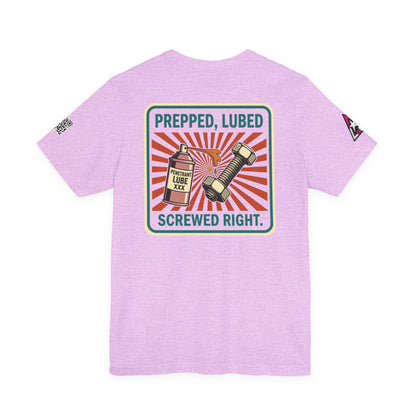 PREPPED, LUBED, SCREWED RIGHT Graphic T-Shirt | Mechanic Humor Tee | Funny Garage Shirt | Vintage Streetwear Tee