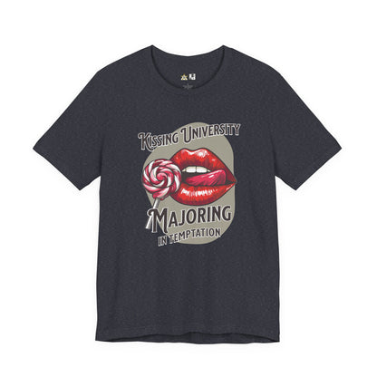 “KISSING UNIVERSITY MAJORING IN TEMPTATION.” Provocative Lips Graphic T-Shirt