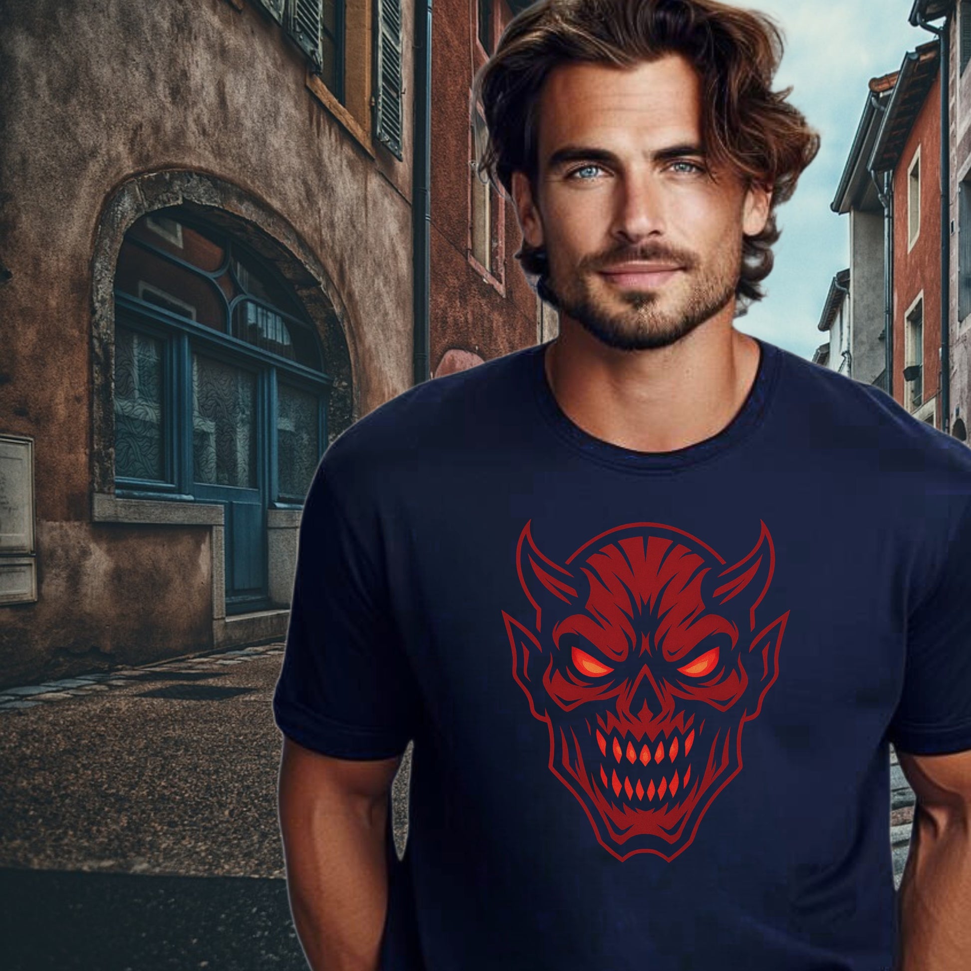 Menacing Red Demon Skull Graphic T-Shirt