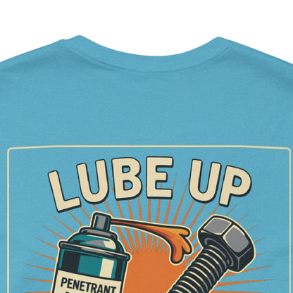 LUBE UP BEFORE SCREWING Graphic T-Shirt | Funny Mechanic Tee | Dirty Garage Humor Shirt | Vintage Automotive Tee