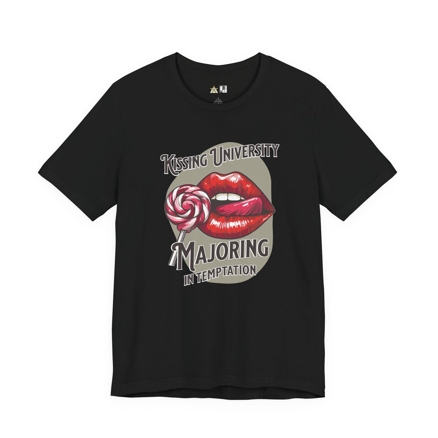 “KISSING UNIVERSITY MAJORING IN TEMPTATION.” Provocative Lips Graphic T-Shirt