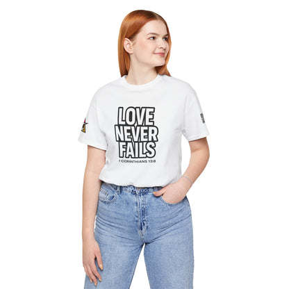 Love Never Fails Graphic T-Shirt | 1 Corinthians 13:8 Christian Tee | Faith & Love Streetwear