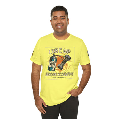 LUBE UP BEFORE SCREWING Graphic T-Shirt | Funny Mechanic Tee | Dirty Garage Humor Shirt | Vintage Automotive Tee