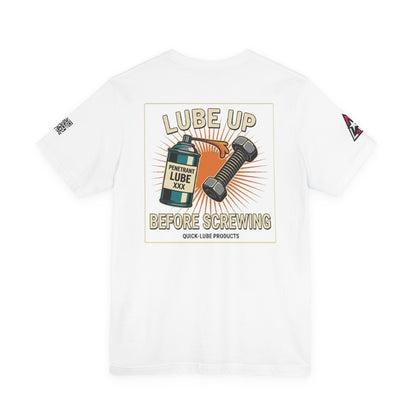 LUBE UP BEFORE SCREWING Graphic T-Shirt | Funny Mechanic Tee | Dirty Garage Humor Shirt | Vintage Automotive Tee