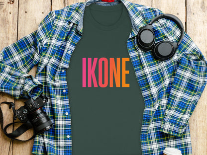 Colorful IKONE Text on Dark Green Shirt