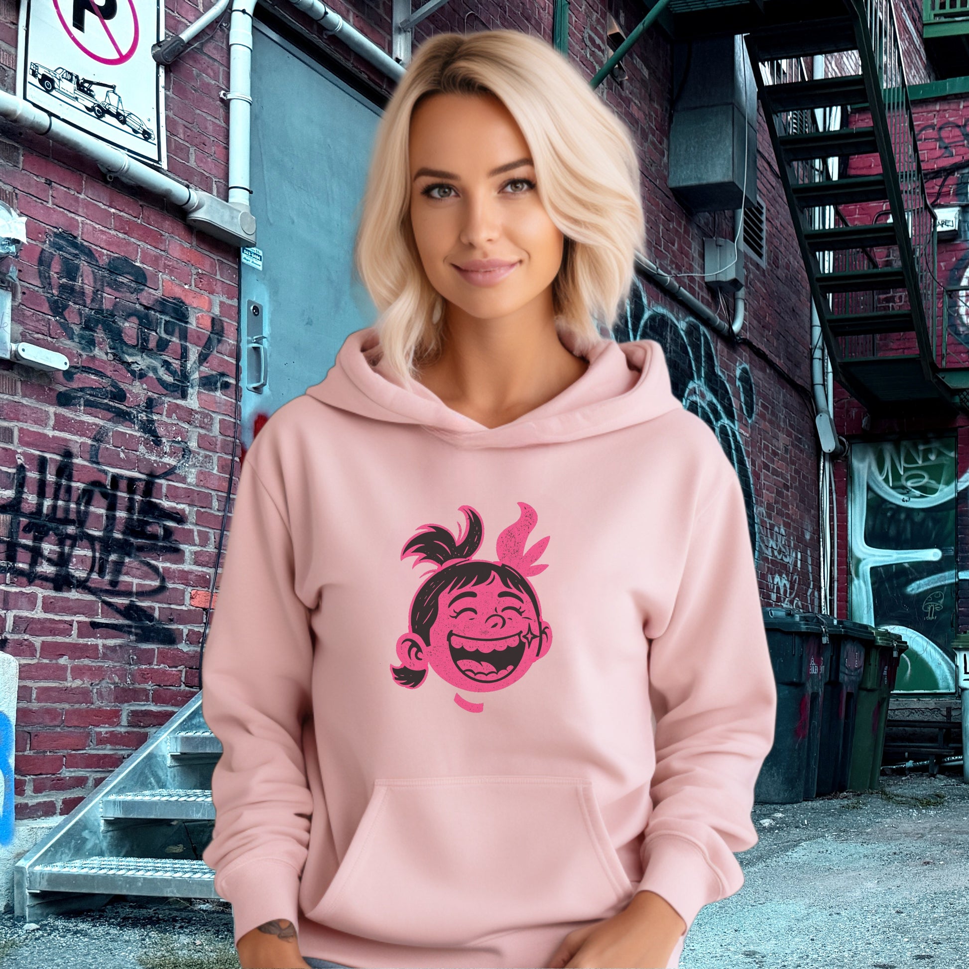 Unique Cartoon Face Hoodie with Street Art Background