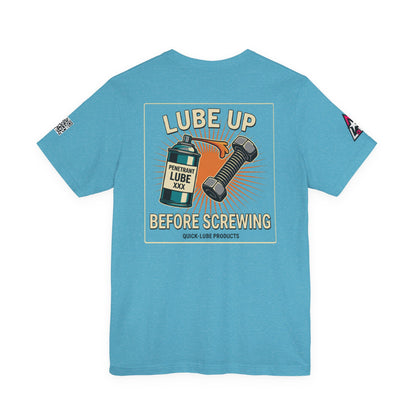 LUBE UP BEFORE SCREWING Graphic T-Shirt | Funny Mechanic Tee | Dirty Garage Humor Shirt | Vintage Automotive Tee