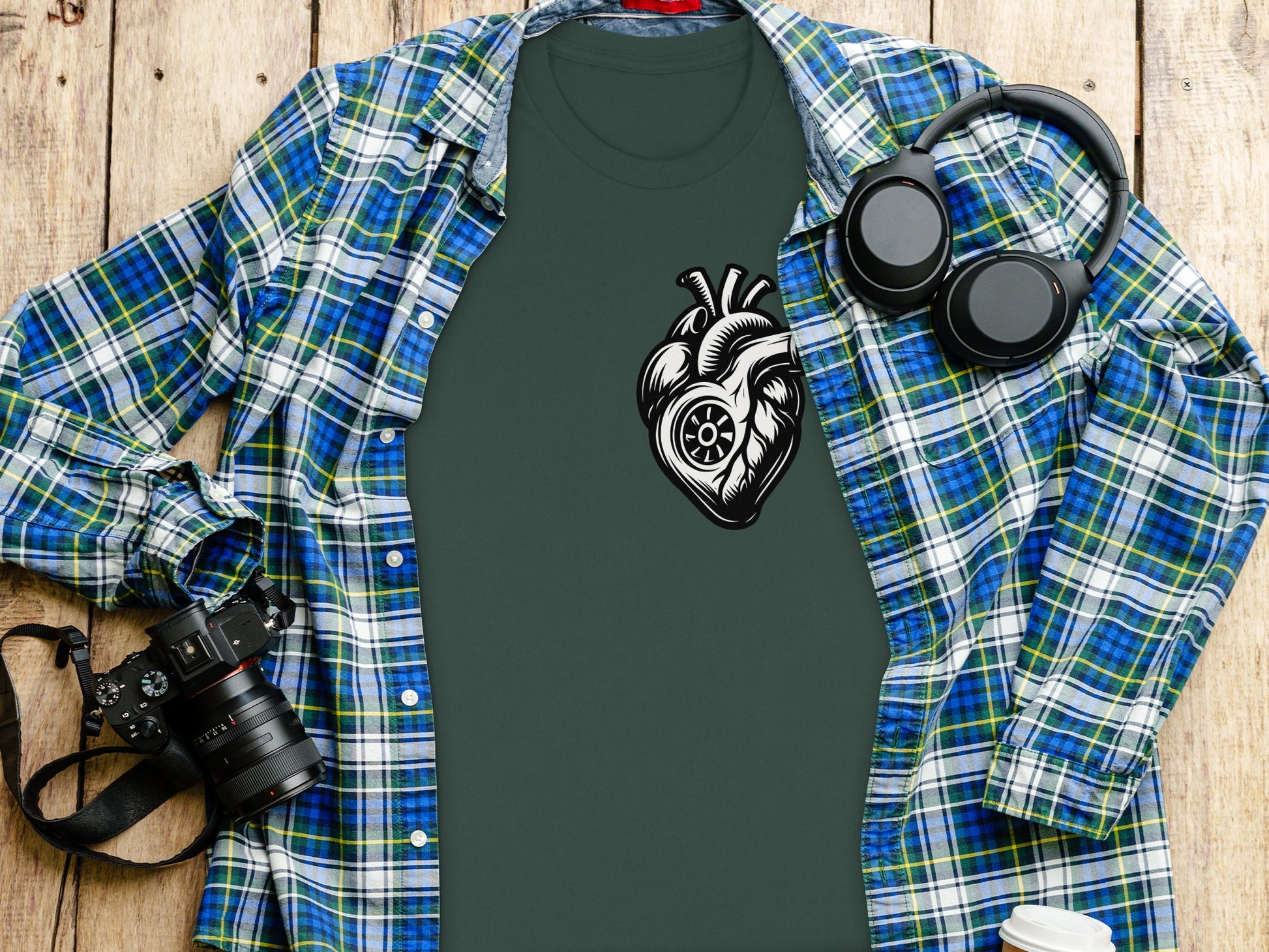 Graphic Heart Tee with Plaid Shirt Headphones and Camera