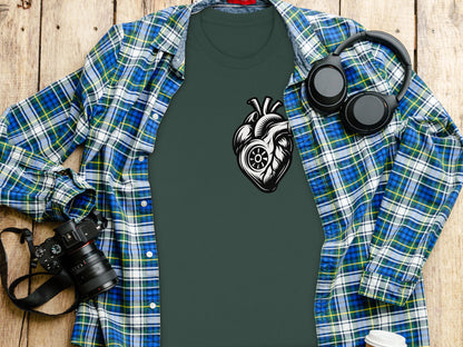 Graphic Heart Tee with Plaid Shirt Headphones and Camera