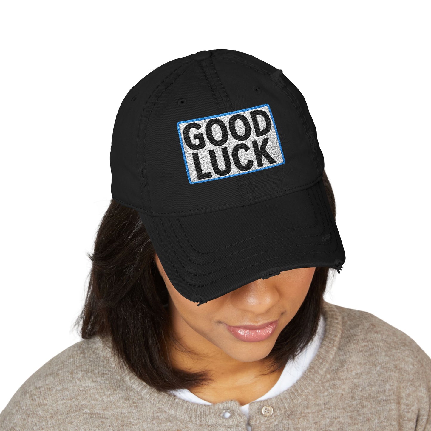 GOOD LUCK Embroidered Vintage Dad Hat | Distressed Baseball Cap | Washed Cotton Adjustable Cap