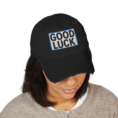 GOOD LUCK Embroidered Vintage Dad Hat | Distressed Baseball Cap | Washed Cotton Adjustable Cap