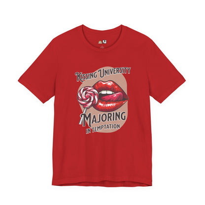 “KISSING UNIVERSITY MAJORING IN TEMPTATION.” Provocative Lips Graphic T-Shirt