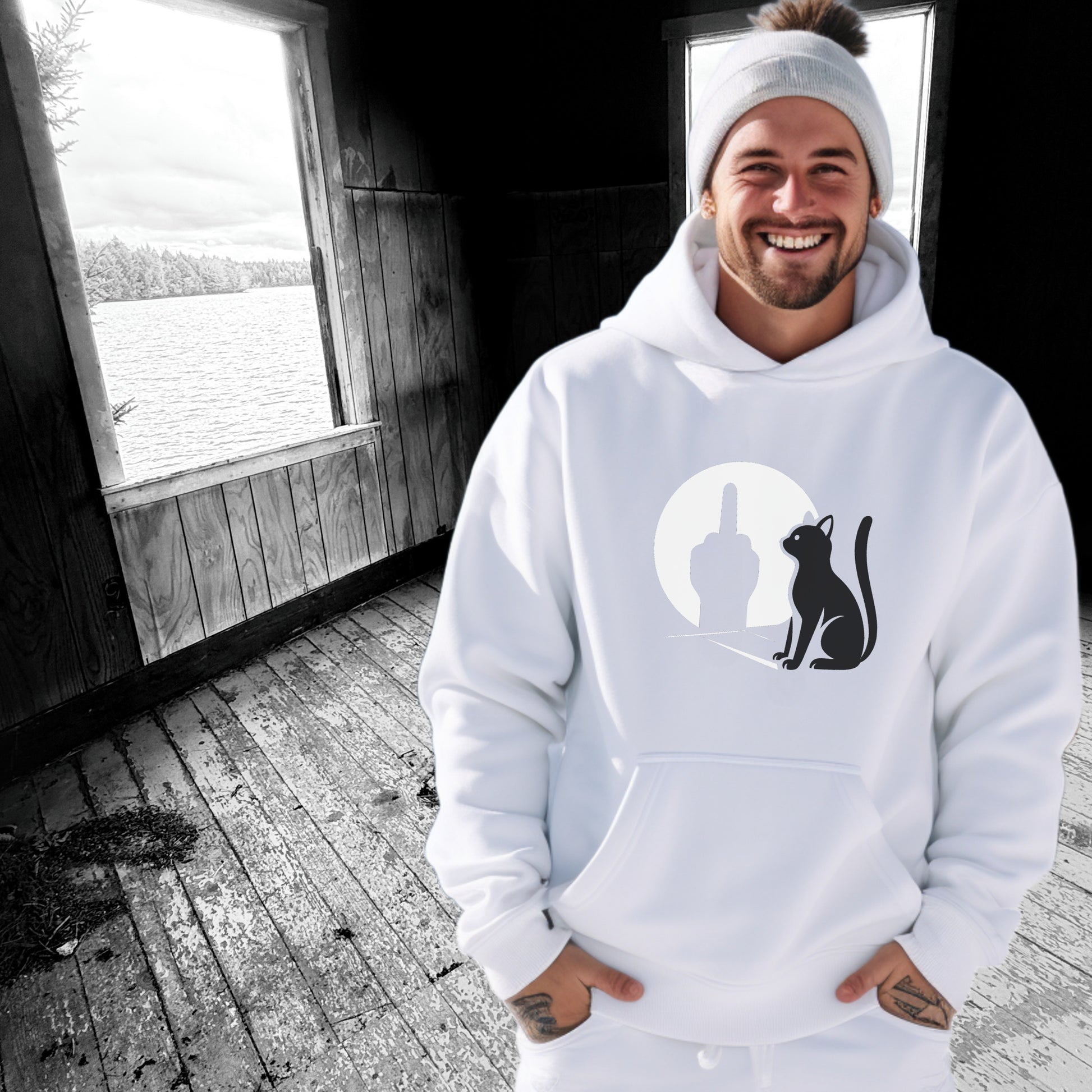 Warm hoodie featuring unique rebellious cat design