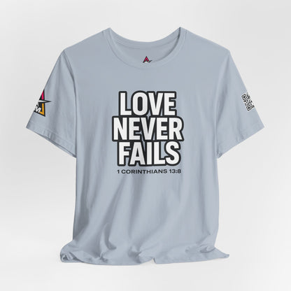 Love Never Fails Graphic T-Shirt | 1 Corinthians 13:8 Christian Tee | Faith & Love Streetwear