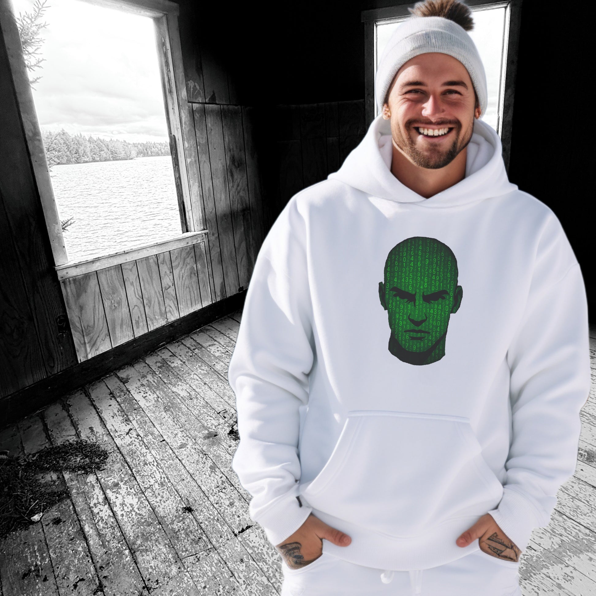 Smiling Man Wearing White Hoodie with Graphic Image