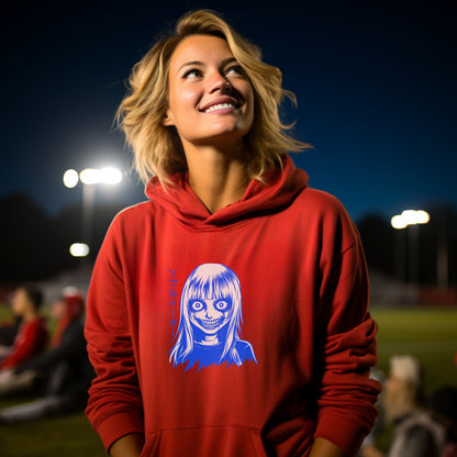 Red Hoodie Featuring Smiling Character Design