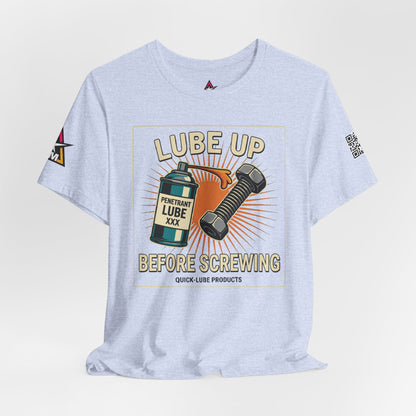 LUBE UP BEFORE SCREWING Graphic T-Shirt | Funny Mechanic Tee | Dirty Garage Humor Shirt | Vintage Automotive Tee