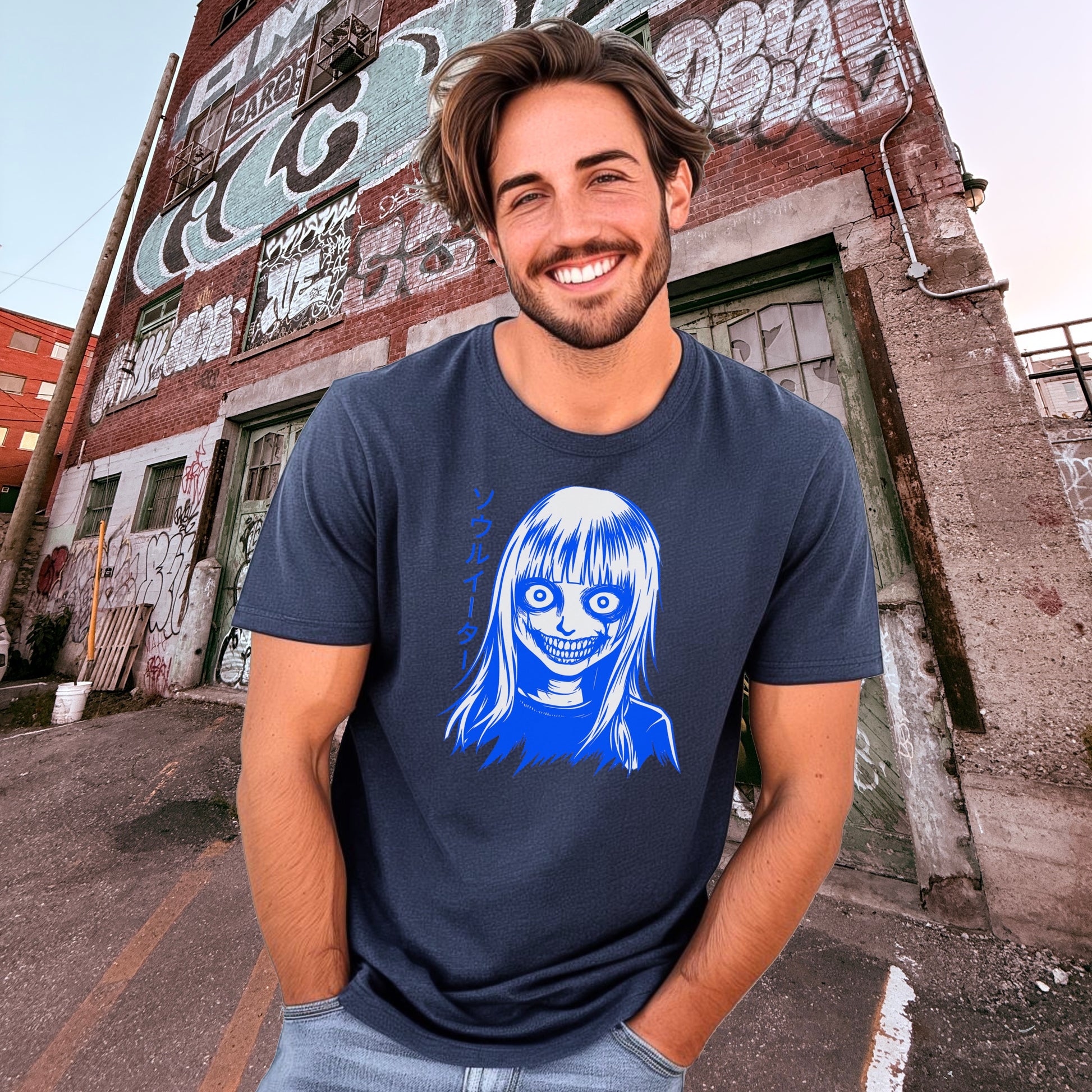 Horror Themed Blue Graphic Tee Shirt Product