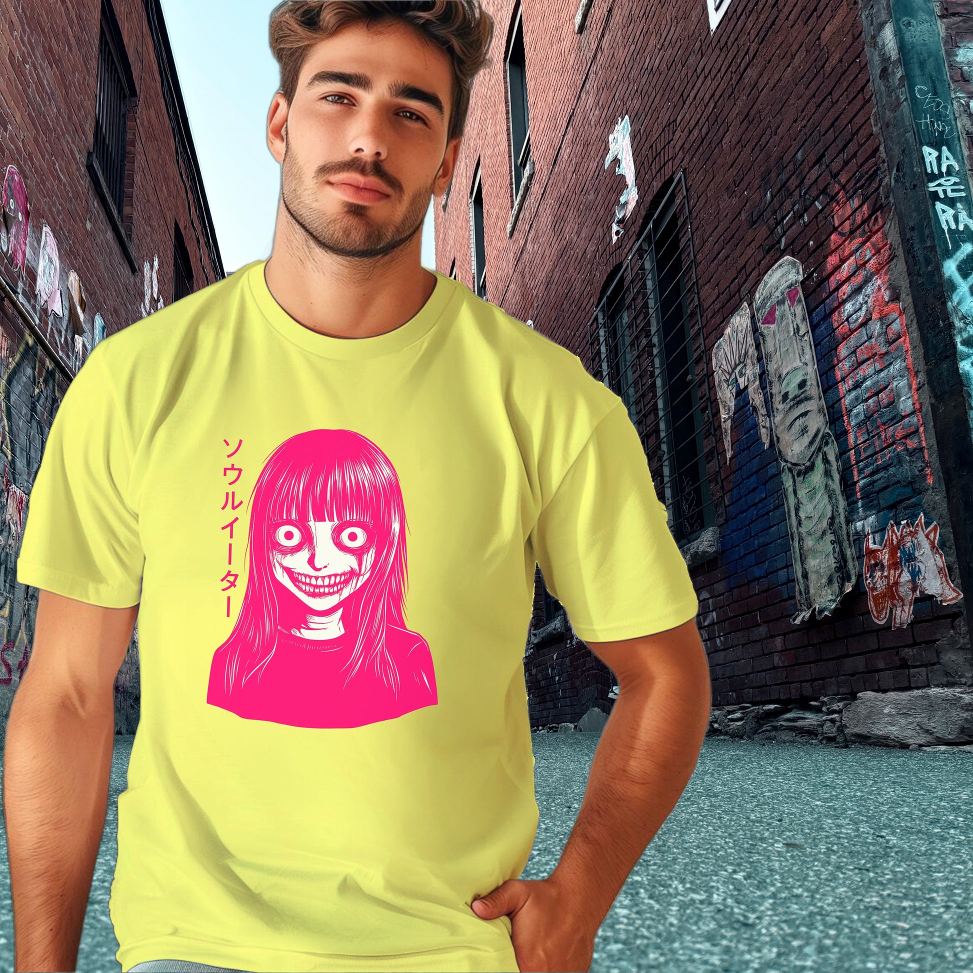 Stylish Men's Yellow T-Shirt with Anime Graphic Design
