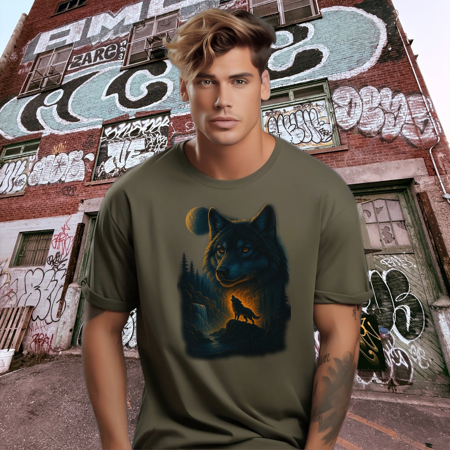 Wolf and Moon Graphic Print T-shirt for Urban Style