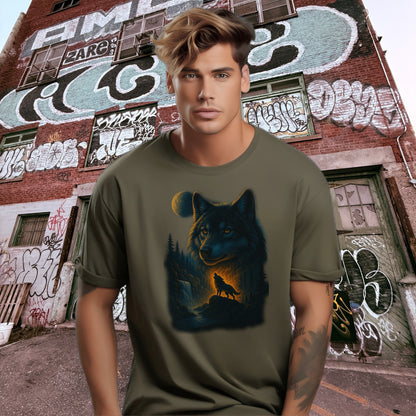 Wolf and Moon Graphic Print T-shirt for Urban Style